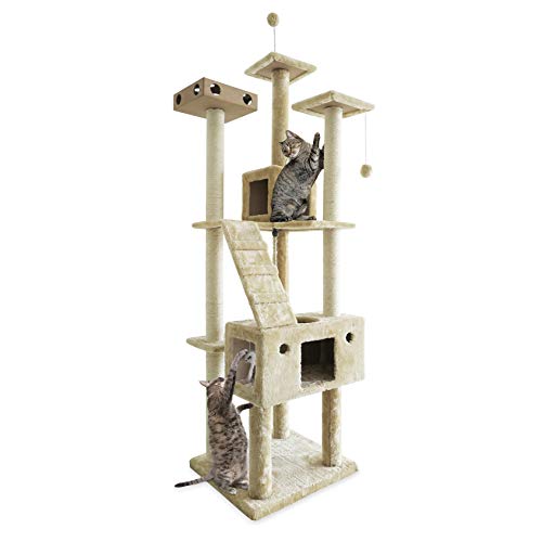 Furhaven 69.3" Tall Cat Tree for Indoor Cats, Ft. Sisal Scratching Posts, 2x Cat Condos, & Toys - Tiger Tough Double Decker Interactive Playground Tower - Cream, One Size