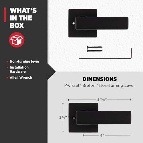 Kwikset Breton Interior Privacy Door Handle with Lock, Door Lever For Bathroom and Bedroom, Matte Black Reversible Keyless Turn Lock, with Microban Protection