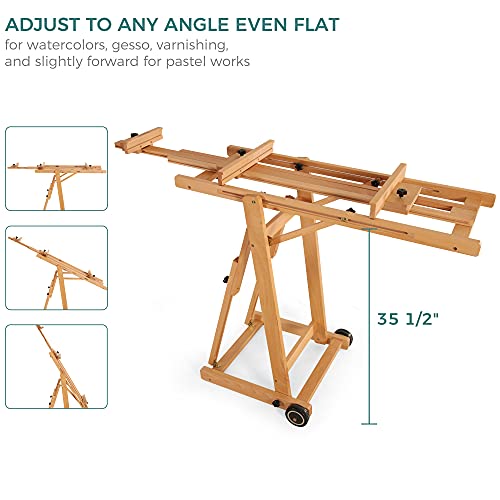 VISWIN Studio H-Frame Easel, Tilting Flat & Adjustable Beech Wood Art Easel for Painting, Movable Large Easel Stand for Adults, Artists, Hold 1 or 2 Canvas up to 78" - Natural