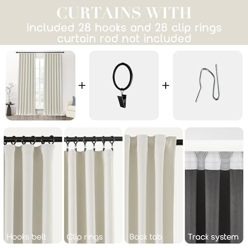 SHINELAND Blackout Curtains 120 Inches Long for Living Room Large Window,Clip Rings Hooks Black Out Curtains 120 Inch Length for Bedroom 2 Panels Set,Cream Beige Thermal Curtains for Summer Heat,10FT