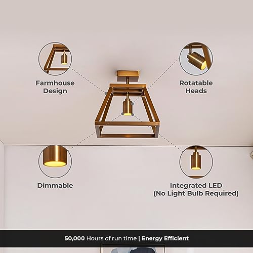 VidaLite Shura Cage - 5 Light LED Flush Mount - Rustic Farmhouse Style, Adjustable Directional Spot Lights, Warm White - Living Room, Hallway, Bedroom, Dining Room, Kitchen - Brushed Brass