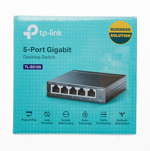 TP-Link TL-SG105, 5 Port Gigabit Unmanaged Ethernet Switch, Network Hub, Ethernet Splitter, Plug & Play, Fanless Metal Design, Shielded Ports, Traffic Optimization