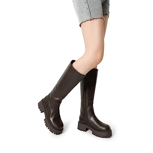DREAM PAIRS Knee High Boots Women, Comfortable Platform Round-Toe Side Zip Chunky Boots for Women, Sdkb2301w, Black, Size 6
