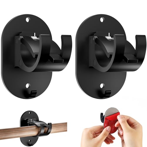 2 PCS No Drill Curtain Rod Brackets, Curtain Rods No Drilling Self Adhesive Curtain Rod Holder Hooks, Nail Free Adjustable Curtain Rod Holders for Bathroom Kitchen Apartment (2 PCS, Black)