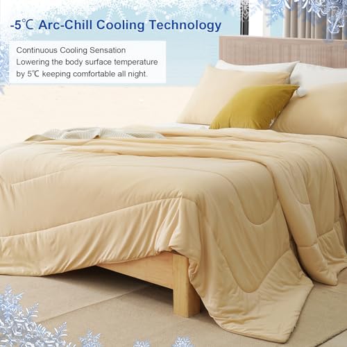PHF Cooling Comforter Set Queen Size, 3PCS Soft Breathable Lightweight Summer Bedding Set for Hot Sleepers, Silk Smooth Double-Side Cooling Bed Set with 1 Comforter and 2 Pillowcases, Beige