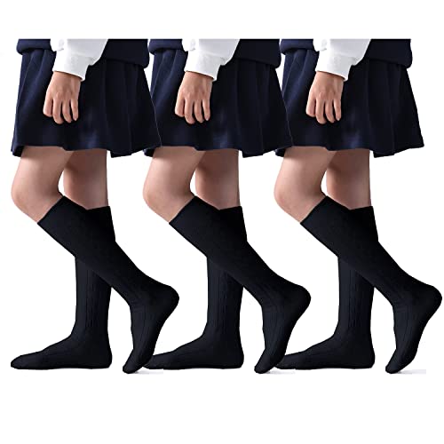 EPEIUS Toddler Girls Knee High Socks Seamless Cotton School Uniform Socks Cable Knee Socks Kids Boy Over the Calf Socks 2-4 Years 3 Pack