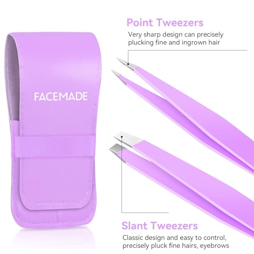 FACEMADE 2 Pack Tweezers Set - Professional Stainless Steel Tweezers for Men and Women, Precision Eyebrow Tweezers for Facial Hair, Chin, and Ingrown Hair Removal (Black)
