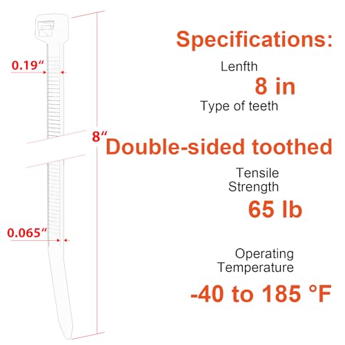8 Inch Zip Ties Double Sided Toothed (Bulk 1000 Pack Black),65lbs Tensile Strength Heavy Duty Cable Wire Ties with Self-Locking Adjustable Nylon Tie Wraps for Indoor Outdoor (Patented Design)