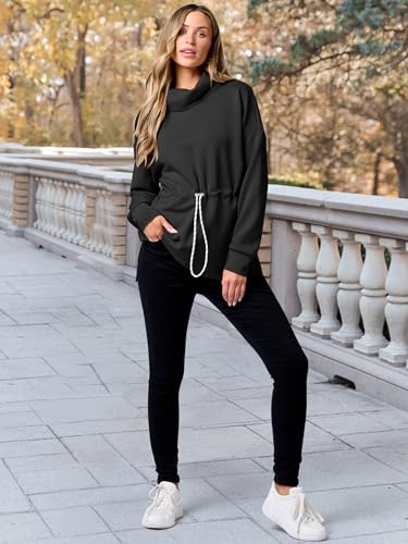 ANRABESS Womens Turtleneck Sweatshirts Drawstring Waist Pullover Tops Loose Fit Long Sleeve Hoodies 2024 Fall Preppy Outfits White Medium