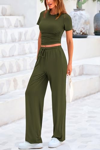 PRETTYGARDEN Women's 2 Piece Outfits Summer Tracksuit Lounge Sets Short Sleeve Crop Tops T Shirts High Waisted Wide Leg Pants (Army Green,X-Small)