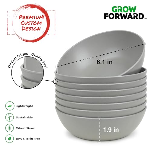 Grow Forward Premium Wheat Straw Bowls Set of 8 - Reusable 20oz Hard Plastic Cereal Bowls - Unbreakable Microwave Safe Bowls for Kitchen, Camping, RV, Dessert, Soup, Salad, Ramen, Eating - Feather