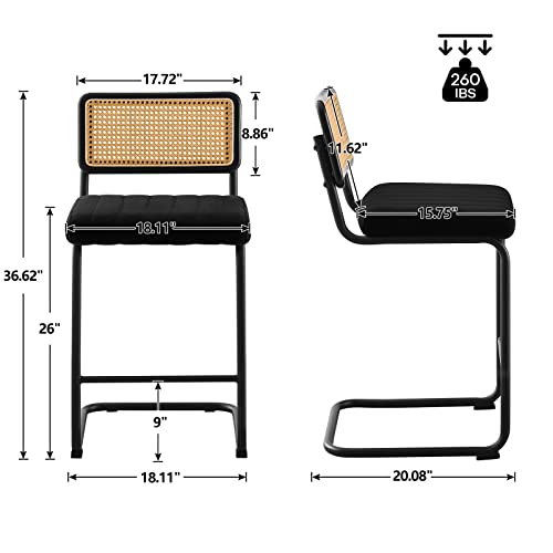 Counter Height Bar Stools Set of 2, 26" Rattan Counter Stool Velvet Upholstered Barstool with Cane Back & Metal Frame, Mid Century Modern Bar Chair Armless Kitchen Stool for Counter Island (Black)