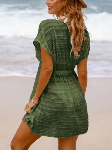 CUPSHE Women's Swimsuit Cover Up Dress V Neck Textured Striped Short Sleeve Casual Beach Summer Cover Ups Army Green,XS