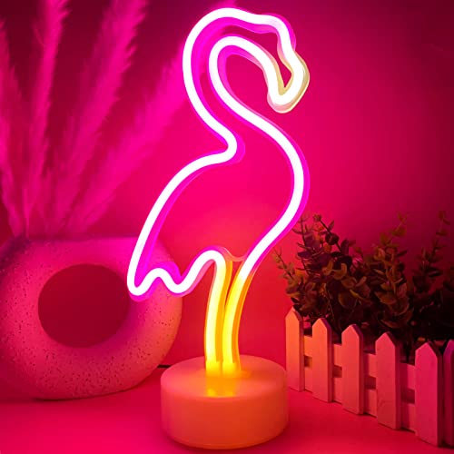 VIFULIN Pink Flamingo LED Neon Light Sign for Bedroom & Girls Room Decor - USB/Battery Operation Night Lights with Pedestal
