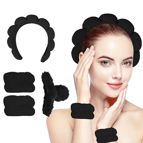 Generic spa headband for women and girls. Bubble skin care headband, makeup hair band set with wristbands, and a fluffy hair claw for face cleaning. (Black)