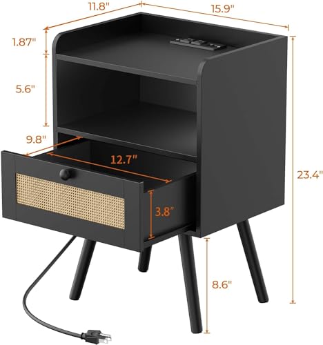 SUPERJARE Nightstand with Charging Station & Rattan-Like Decor Drawer, Rattan End Table with Solid Wood Feet, Bed Side Table with Open Storage, for Bedroom, Living Room, Dormitory - Black - 8021BC
