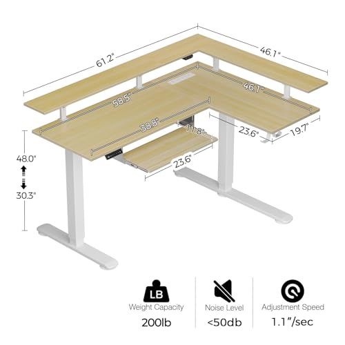 Rolanstar L Shaped Standing Desk with LED Light and Power Outlet, Dual Motor Height Adjustable Electric Standing Desk with Monitor Stand & Keyboard Tray, 61.2" Sit Stand Desk Black