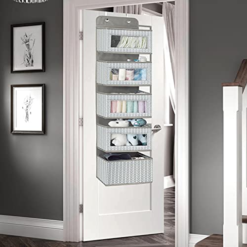 Over The Door Hanging Organizer with 5 Large Pockets - Wall Mount Pantry Storage with Clear PVC Window & 2 Big Metal Hooks for Closet,Bathroom,Nursery,Bedroom,Dorm,Baby Diapers,Kids Toys (Gray)