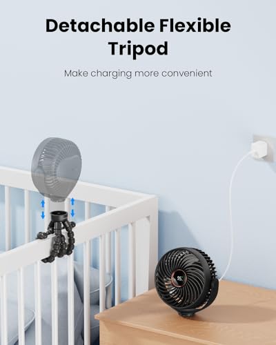 SHEWIND Stroller Fan, LED Light Portable Fan, 3600mAh Battery Operated Small Clip on Fan, 4 Speed Rechargeable Mini Personal Fan Cooling Travel Fan For Car Seat Crib Treadmill (Black)