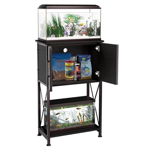 Herture 5-10 Gallon Fish Tank Stand, Metal Double Aquarium Stand with Cabinet for Fish Tank Accessories Storage, Heavy Duty 20.5" L* 11.02" W Tabletop, 500LBS Capacity Black PG06YGB