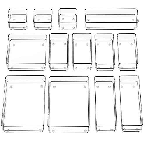 SMARTAKE 13-Piece Drawer Organizer with Non-Slip Silicone Pads, 5-Size Desk Drawer Organizer Trays Storage Tray for Makeup, Jewelries, Utensils in Bedroom Dresser, Office and Kitchen (Clear)