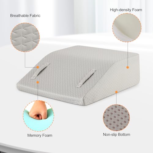Ruqmuis Leg Elevation Pillows for Sleeping, Memory Foam Wedge Pillow for Legs, Knee Wedge Pillow for After Surgery, Swelling, Back Pain and Circulation, Non-Slip Bottom, Removable Cover (6 Inch, Grey)