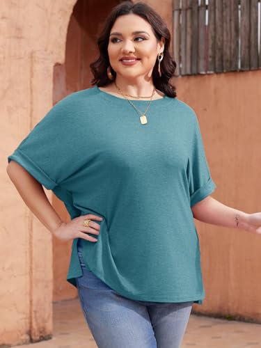 Plus Size Tops for Women XL-5XL Rolled Sleeve Crewneck Side Split Oversized T Shirts Stylish Tees Summer Casual Blouses Wine Red