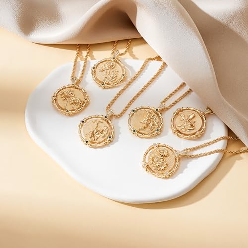 MTMY Birth Flower Necklaces for Women 14K Gold Plated Birth Month Flower with Birthstone Reversible Coin Pendant Necklaces Personalized Custom Floral Jewelry (April)