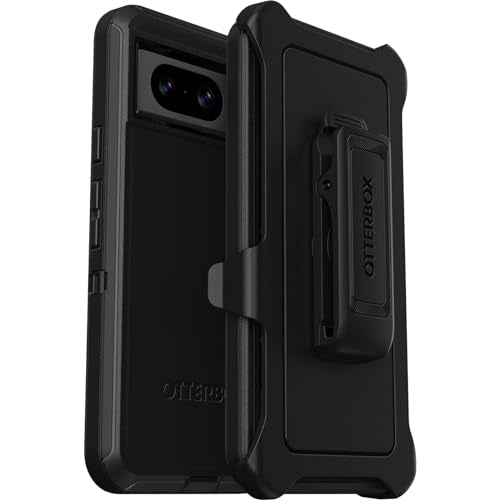 OtterBox Google Pixel 8 Defender Series Case - BLACK, rugged & durable, with port protection, includes holster clip kickstand