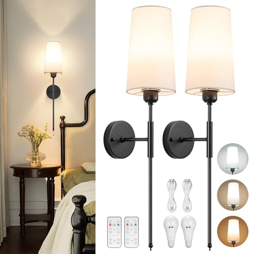 Battery Operated Wall Sconce Set of 2, Rechargeable Wall Sconce With Remote Dimmable Wireless Battery Powered Wall Lamp Decor Fixture For Bedroom Living Room White Fabric Shade Included Bulbs
