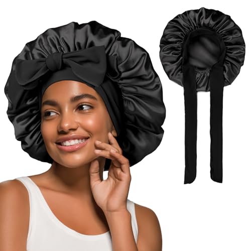 YANIBEST Large Jumbo Satin Hair Bonnets for Sleeping Double Layer Satin Lined Shower Cap for Women Men Cap for Curly Natural Hair,Black