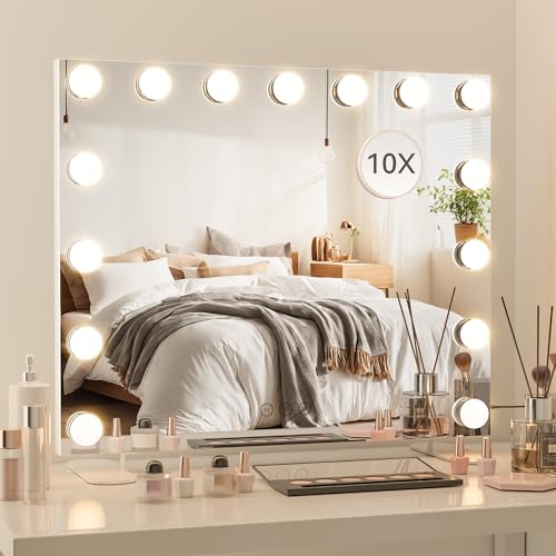 POPLIZZ 23.6" x 21.3" Large Vanity Mirror with Lights with 15 Dimmable LED Bulbs, 3 Light Colors, Smart Touch Control, Wall Mounted, USB Charging Port