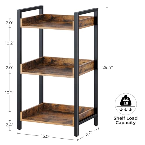 Rolanstar Bookshelf, 3-Tier Storage Rack, Narrow Corner Bookshelf, Display Wooden Shelves for Living Room, Bathroom, Balcony, Kitchen,Rustic Brown