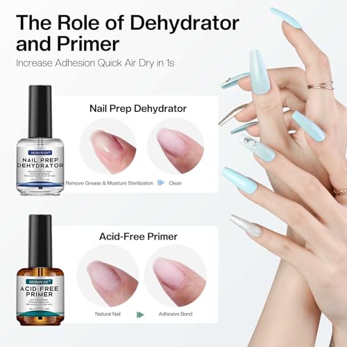 Morovan Professional Natural Nail Prep Dehydrate and Acid-Free Primer, Dehydrator for Acrylic and Gel Nail Polish, Non Acid Primer for UV Gels Fast Dry Superior Bonding Agent Gift Box Set
