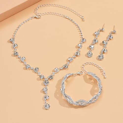 Dcfywl731 Silver Bridal Wedding Jewelry Set Rhinestone Necklace Earrings Bracelet Sets Prom Jewelry Sets Formal Costume Jewelry Accessories for Women and Brides