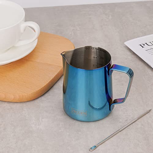 Milk Frothing Pitcher, 12oz Espresso Steaming Pitchers Stainless Steel Cappuccino Coffee Machine Accessories Barista Tools Steam Froth Pitchers Milk Jug Cup with Decorating Pen Latte Art, Blue