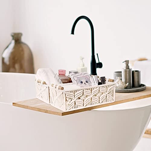 Macrame Storage Basket Boho Decor Bathroom Baskets for Organizing, Toilet Tank Basket for Bathroom Woven Decor Basket with Handle Bedroom Nursery Living room Entryway (Grey)