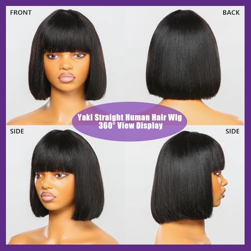 BAOHUKE 10 Inch Yaki Straight Bob Wig With Bangs Human Hair Glueless 2x1 Closure HD Lace Short Black Bob Wigs With Bang Human Hair Ready to Go 180% Density For Black Women