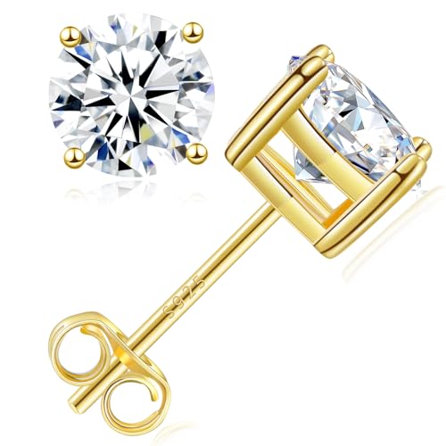 Moissanite Lab Created Diamond Earrings 1.0ctw-3.0ctw Solitaire Studs, D Color VVS1, Hypoallergenic 925 Sterling Silver, 14K Gold Plated, Friction Back - Gift for Women & Men, 4mm, 4P