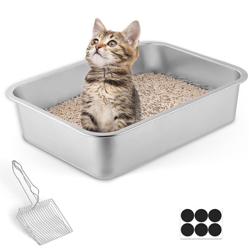 Stainless Steel Cat Litter Box, 15.7x11.8x3.9 Small Cat Metal Litter Box with Steel Scoop Anti Slip Stickers, Metal Litter Box for Kitten, Young Cats and Rabbits (Set of 1)