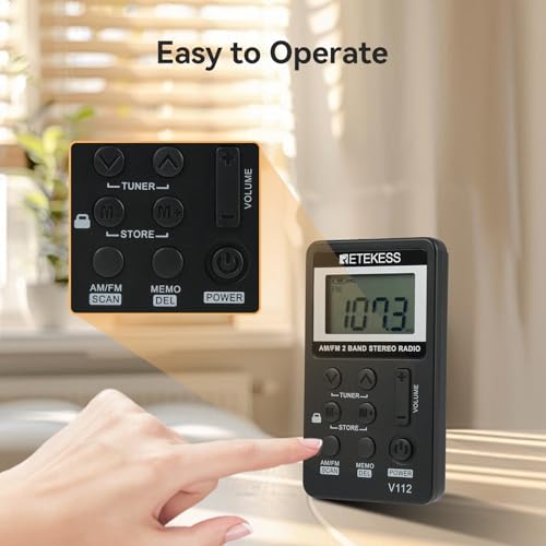 Retekess V112 AM FM Pocket Radio, Digital Radio with Earphone, Rechargeable Battery Radio with LCD Display for Walking, Jogging, Training(Black)
