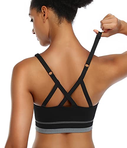 ANGOOL Strappy Sports Bra for Women, Longline Medium Support Yoga Bra Wirefree Padded Sports Bra with Adjustable Straps Black
