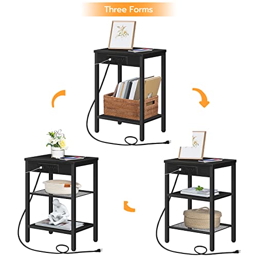 HOOBRO End Table with Charging Station and USB Ports, 3-Tier Nightstand with Adjustable Shelf, Small Side Table for Small Space in Living Room, Bedroom and Balcony, Black BB112BZ01