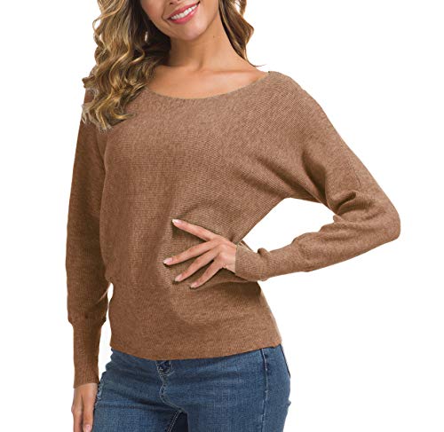 Feiersi Women's Off Shoulder Sweater Long Sleeve Loose Pullover Knit Jumper (Rose Red,Large)