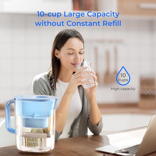 Waterdrop 200-Gallon Long-Life Chubby 10-Cup Large Water Filter Pitcher with 1 Filter, NSF Certified, 5X Times Lifetime, Reduces PFOA/PFOS, Chlorine, BPA Free, Blue