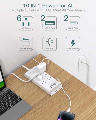 Surge Protector Power Strip - Addtam Flat Plug Extension Cord with 6 Outlet 4 USB Ports (2 USB C), 5FT Outlet Extender Strip for Home Office College Dorm Room Essentials