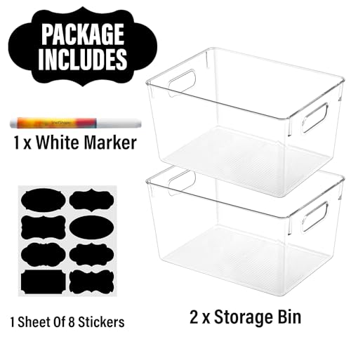 Clear storage organizer bins with Labels, Kitchen Pantry Organizers and Storage Baskets Fridge Containers for Organizing Cabinet Organization Perfect for, Foods, Snacks, Chips, Vitamin, Spices