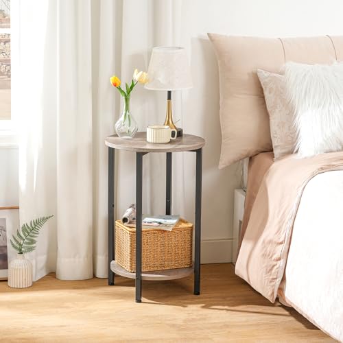 HOOBRO Round Side Table, Sofa Couch Table with Storage Shelf, 2-Tier Industrial End Table, Stable Metal Frame, Wooden Look Accent Table for Small Spaces, Living Room, Bedroom, Rustic Brown BF58BZ01G1