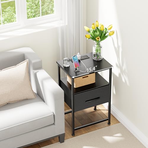 LAKEMID Nightstands Set of 2 with Charging Station and Drawer, End Table Bedside Table with 20 Colors LED Light Strip and 2 Layers Shelf for Bedroom Living Room Sofa Couch (Black)