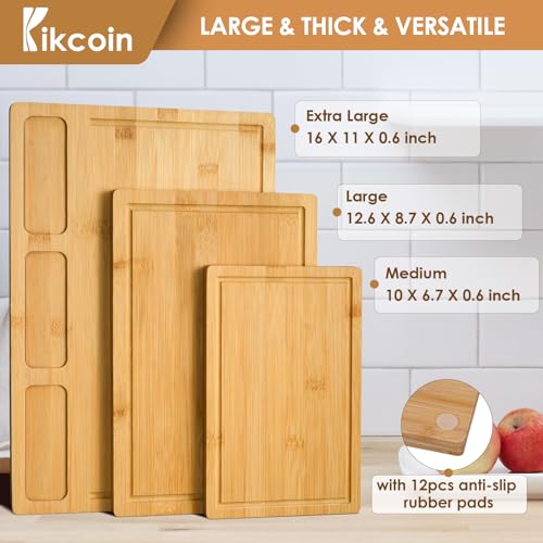 Bamboo Cutting Boards for Kitchen, (Set of 3) Kitchen Chopping Board with 3 Built-In Compartments and Juice Groove Heavy Duty Serving Tray Wood Butcher Block and Wooden Carving Board, Kikcoin